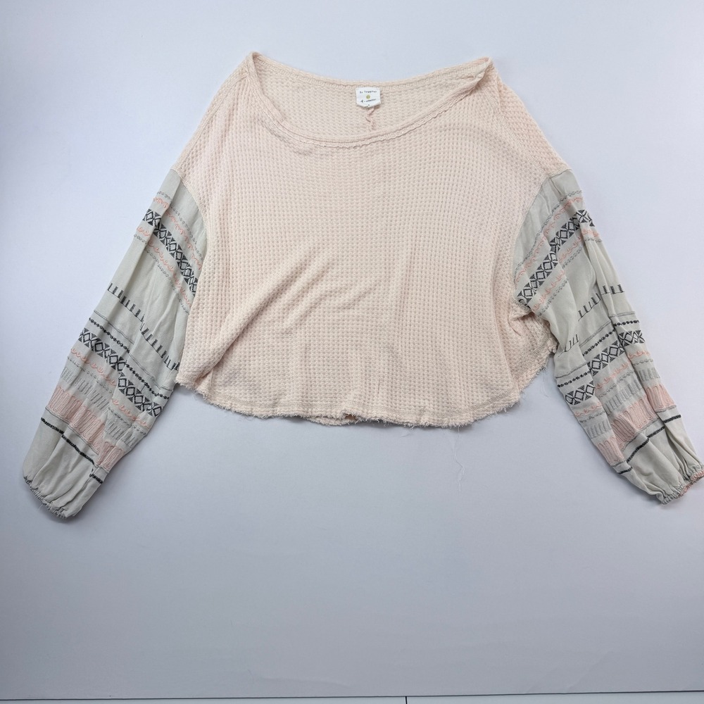 By Together Waffle Knit Cropped Top Peach Embroidered Balloon Sleeve Small